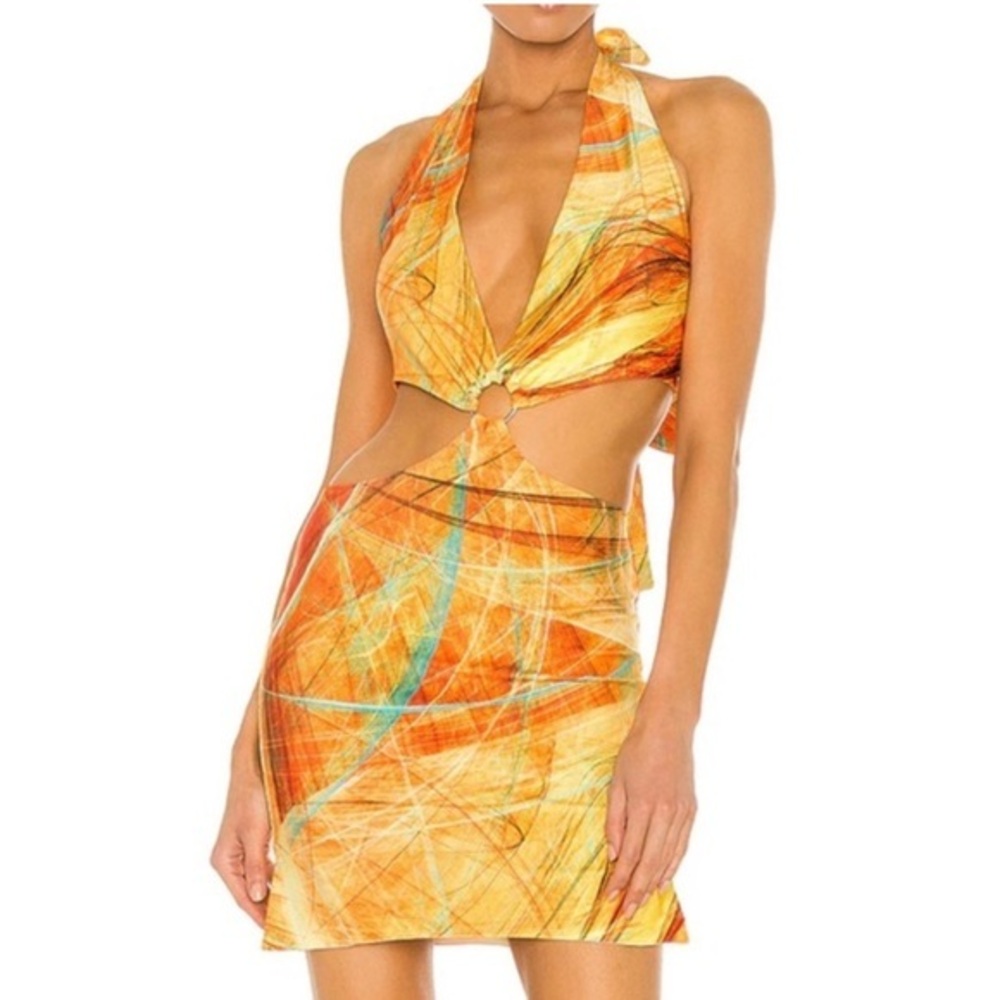 Farai London Gaia Canary Yelllow Halter Cutout Mini Dress Sunset Festival Large